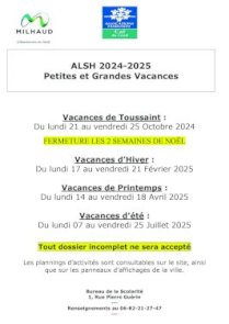 ALSH : PLANNING DES VACANCES 2024-2025