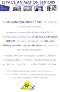 Le 10 septembre à 9h30 venez rencontrer à la salle du conseil Géraldine HENRY-PONS coordinatrice-animatrice d’ESPACE ANIMATION SÉNIORS (voir planning septembre/octobre dans la publication)