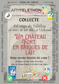 Collecte de briques de lait vides afin de construire un château fort pour le téléthon ( récolte à l'accueil périscolaire)