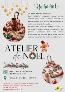 Invitation aux Ateliers de Décoration de Noël ! le mercredi 4 décembre de 15h30 à 18h inscription en Mairie