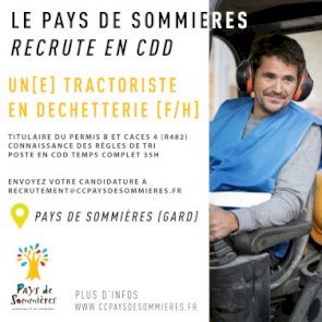 La Communauté de communes du Pays de Sommières recrute un.e tractoriste en déchetterie (F/H)