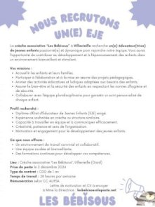  La crèche des Bebisous à Villevieille recrute un/une éducateur/trice de jeunes enfants