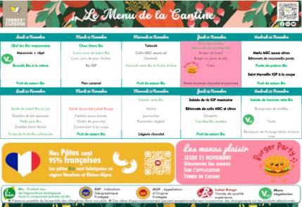 Menus de nos restaurants scolaires. Pensez à réserver vos repas.