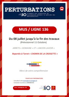 INFOS Lio Transport - Perturbations de la ligne 136 -MUS du 8 juillet au 11 octobre 2024 - Arrêts Domaine et Ancien Lavoir -supprimés (1/1)