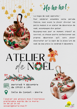 Invitation aux Ateliers de Décoration de Noël ! le mercredi 4 décembre de 15h30 à 18h inscription en Mairie (1/1)