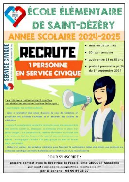 Recherche d'un service civique pour l'école élémentaire de Saint-Dézéry pour la rentrée scolaire 2024/2025 (1/1)