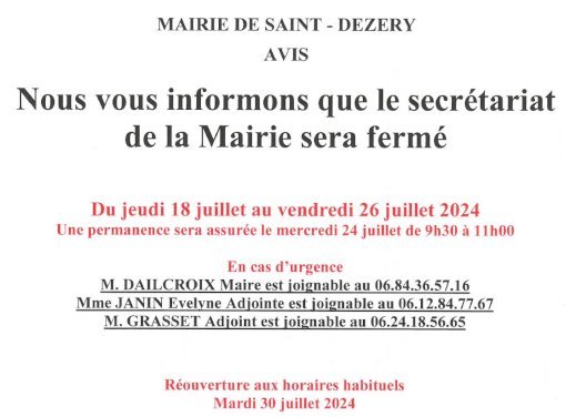 Fermeture du secrétariat de Mairie du 18 juillet au 26 juillet inclus. (1/1)