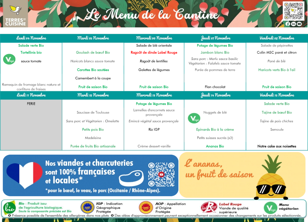 Menus de nos restaurants scolaires. Pensez à réserver vos repas. (2/2)